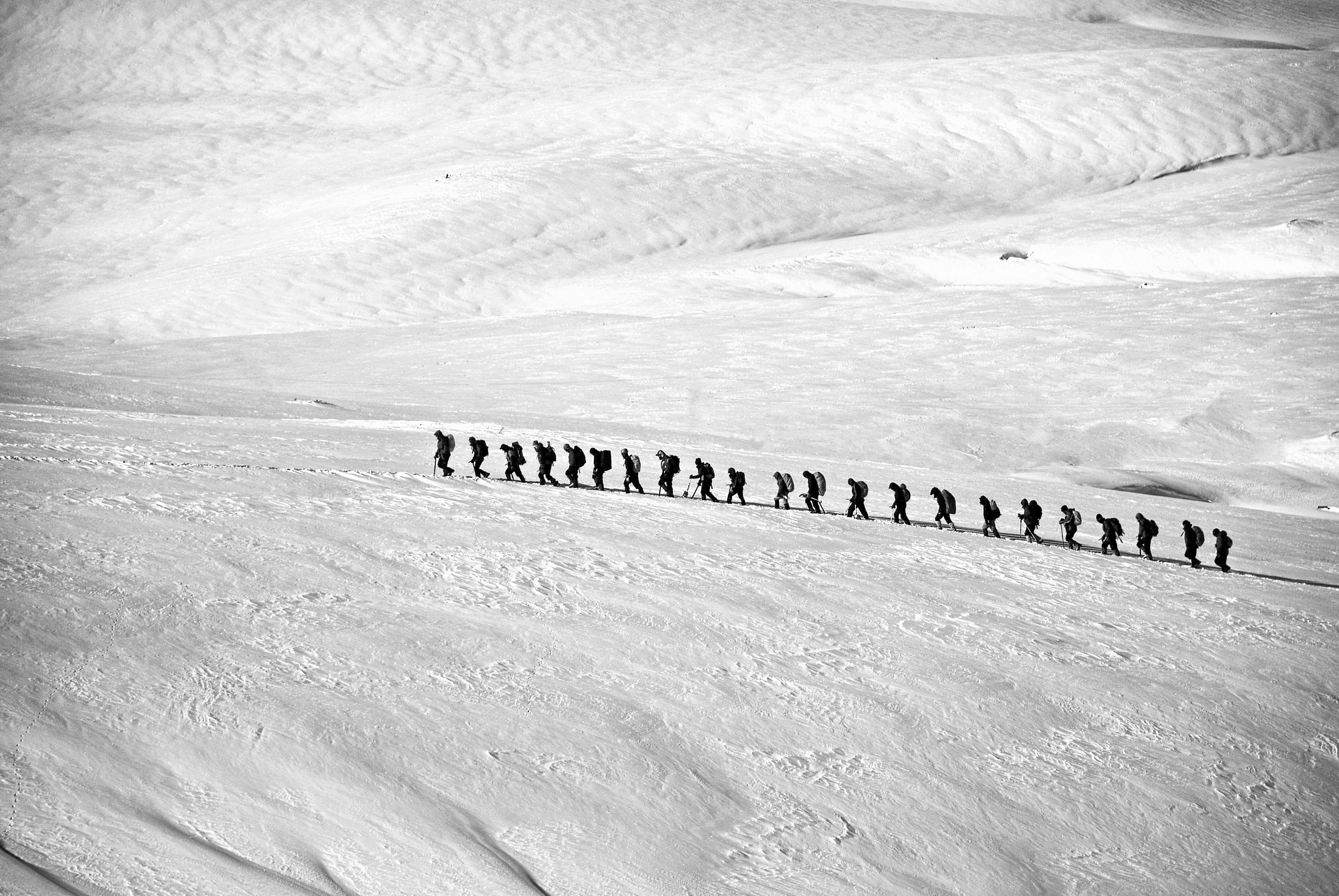 People walking in a row in the snow